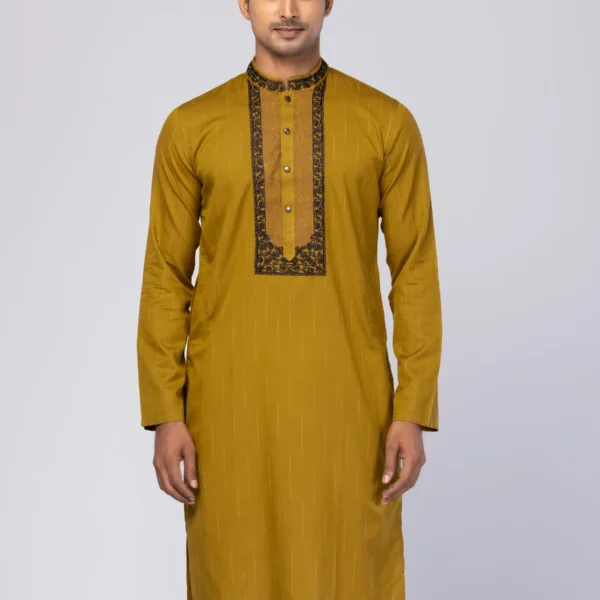 Golden Brown Embroidered and Printed Viscose-Cotton Slim Fit Panjabi